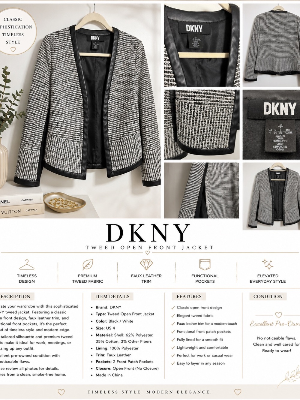 DKNY Black and White Tweed Open Front Jacket